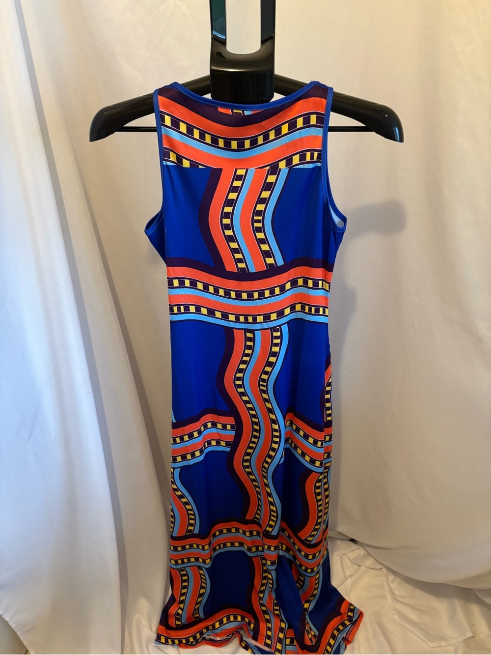 Bright Blue Sleeveless Maxi Dress with Orange Graphic Waves - Picture 2 of 2